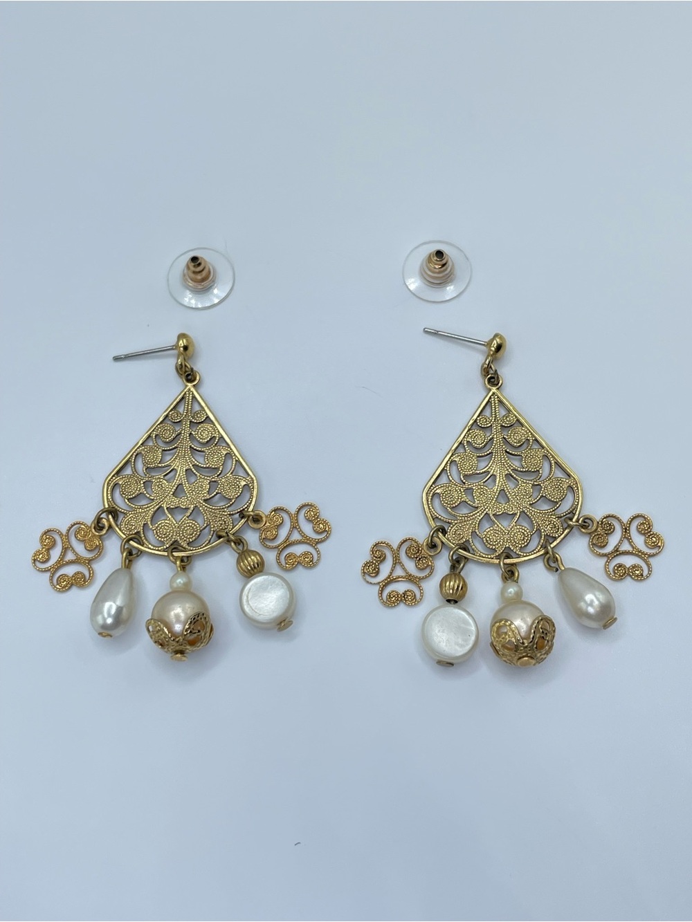 Gold Tone Filigree Glass Faux Pearl Bead Chandelier Dangle Earrings Boho Vintage